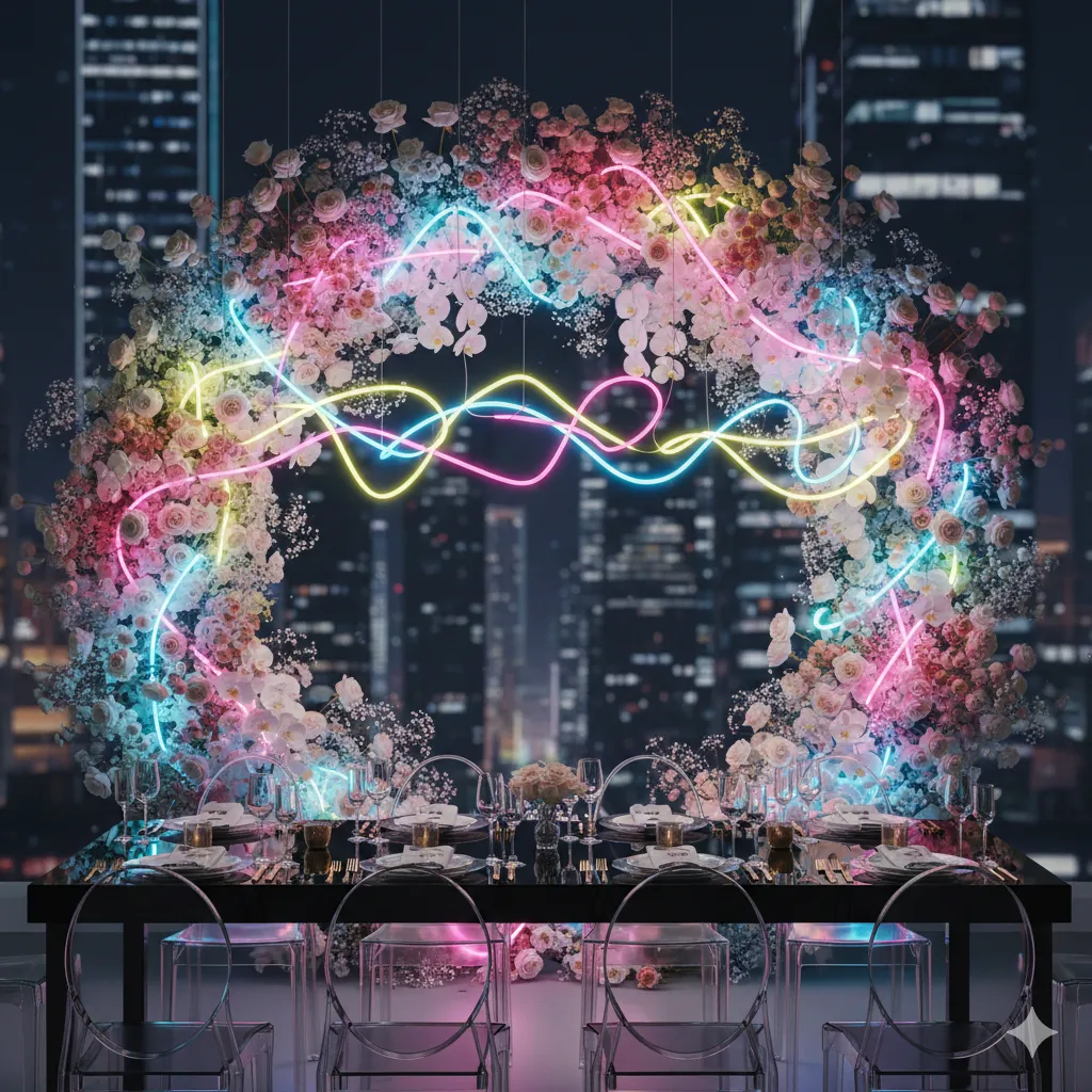 Elegant party decoration with vibrant neon accents and modern styling elements