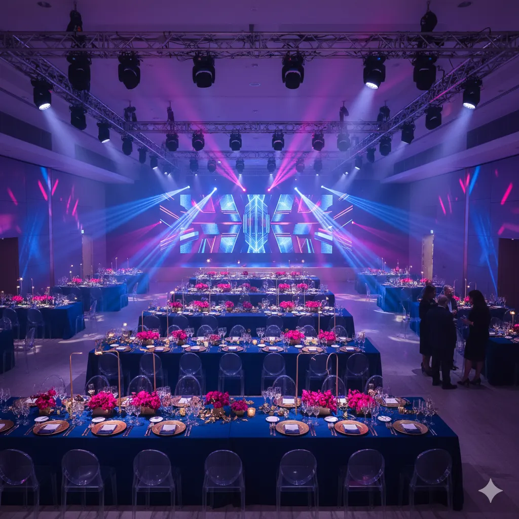 Professional event setup featuring coordinated color schemes and atmospheric lighting