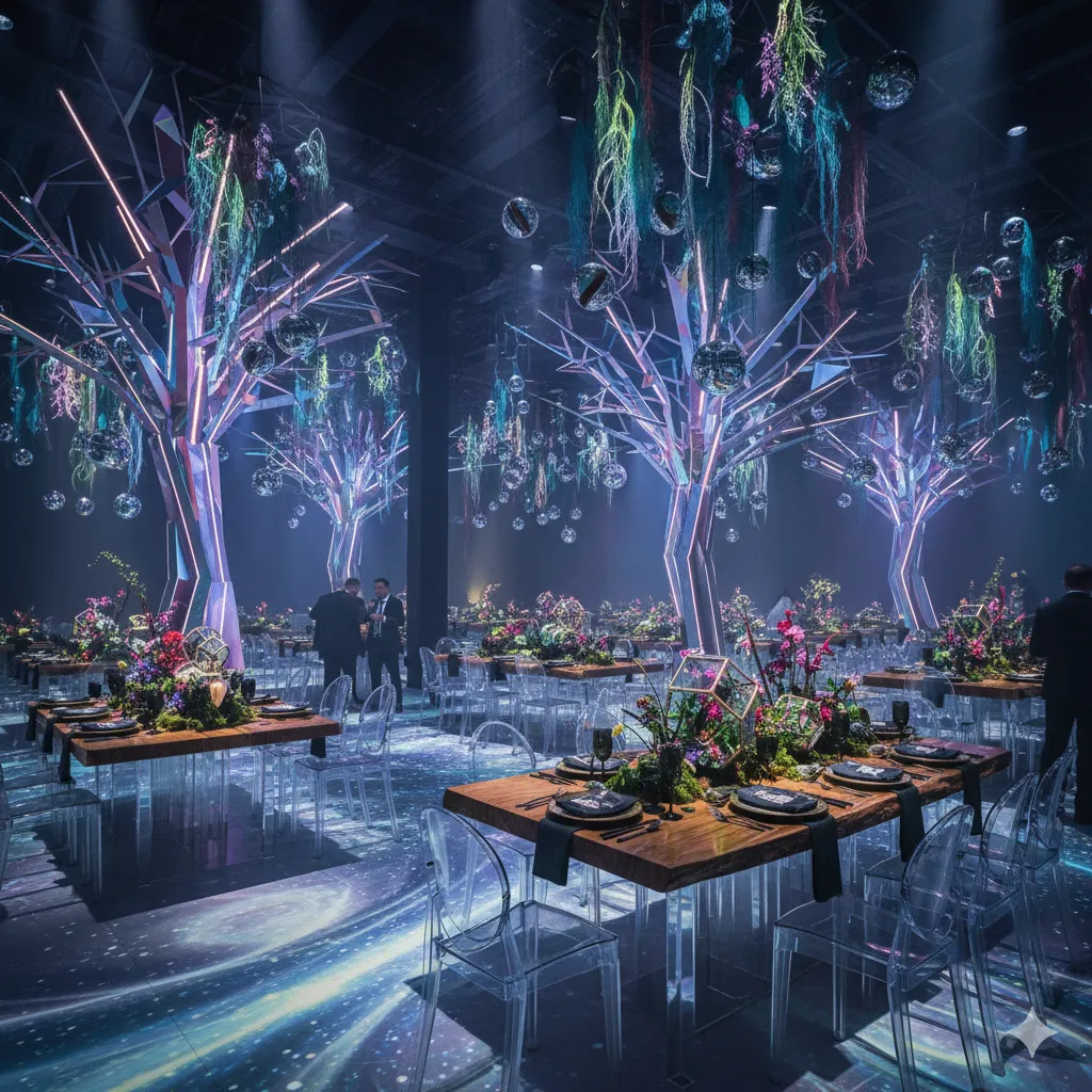 Creative celebration theme with custom decorative installations and unique styling