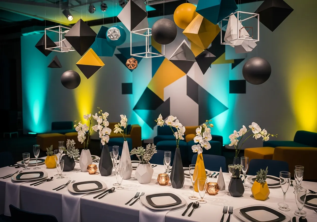 Modern party styling with geometric elements and contemporary color schemes